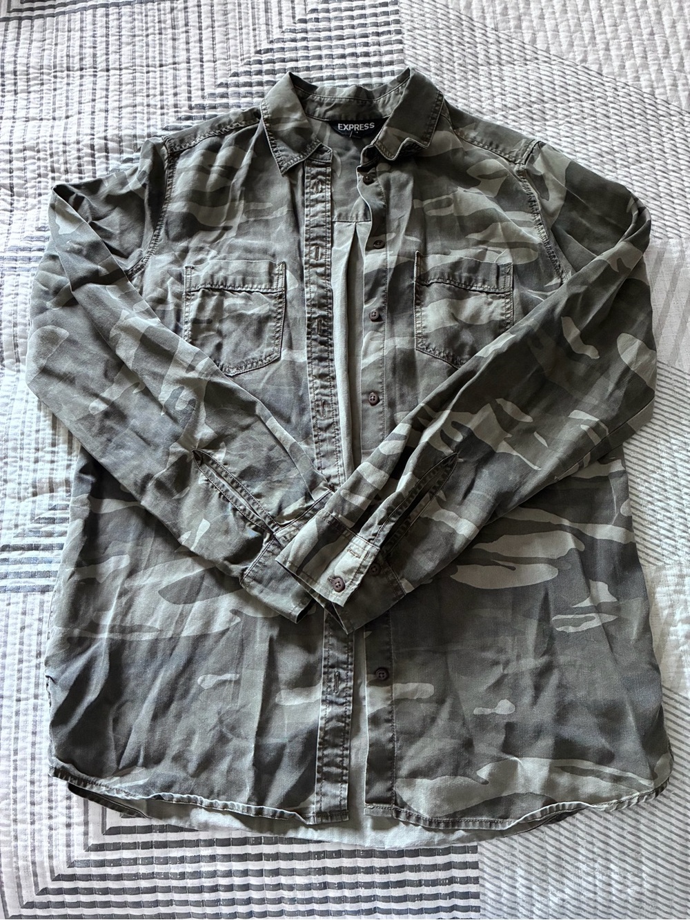 Express Olive Green Camo Button-Down Shirt